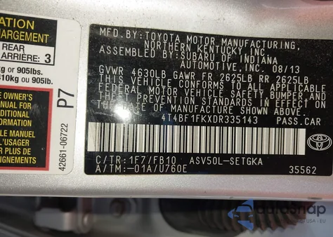 2013 Toyota Camry Xle из США, поврежденный, VIN 4T4BF1FKXDR335143